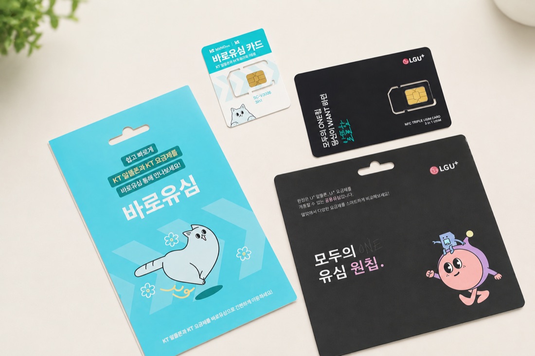 편의점 선불폰 유심 실물. KT 계열 바로유심 패키지와 유심카드, LG 계열 모두의유심 원칩 패키지와 유심카드